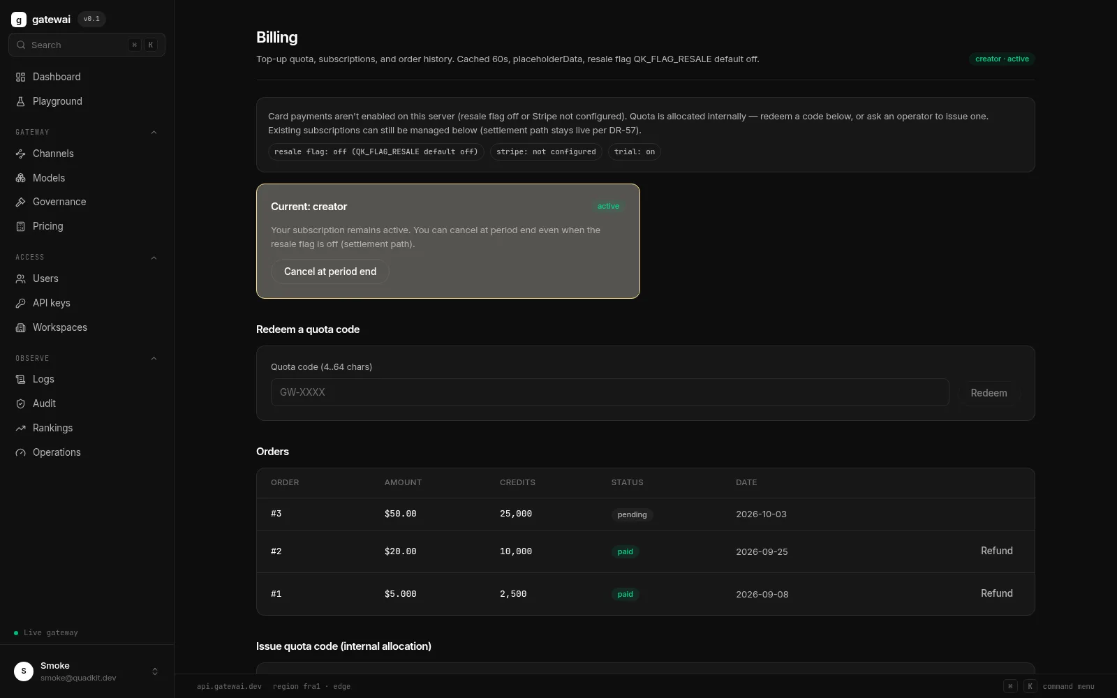 Gatewai console — Billing