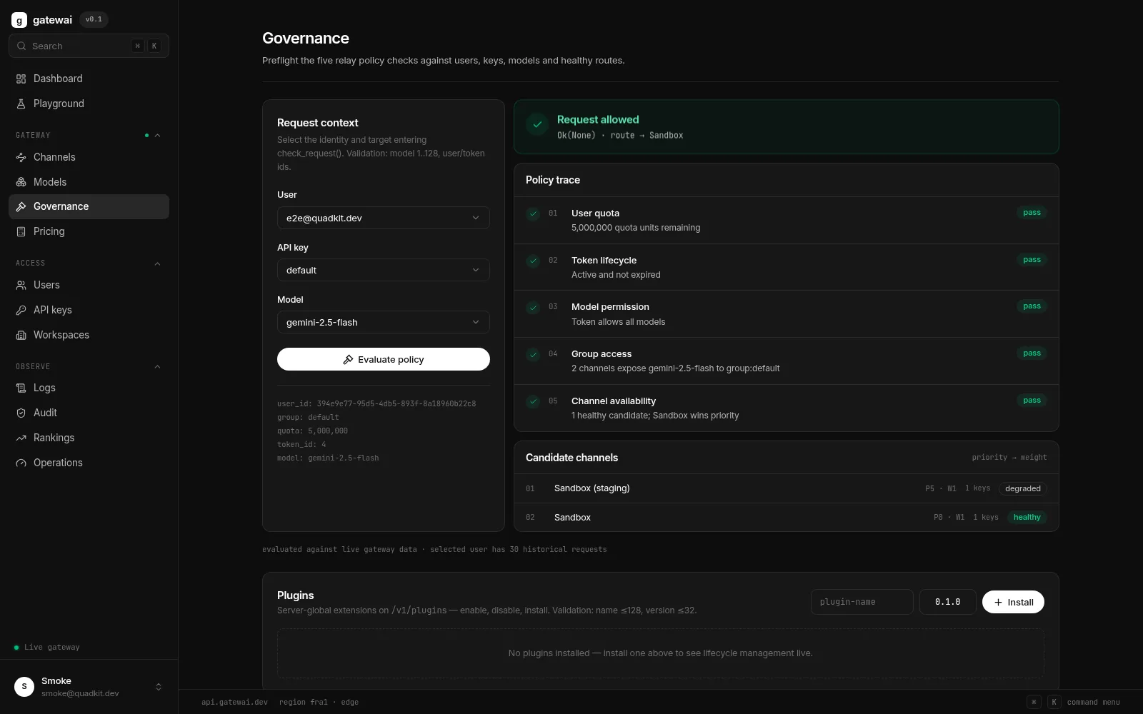 Gatewai console — Governance