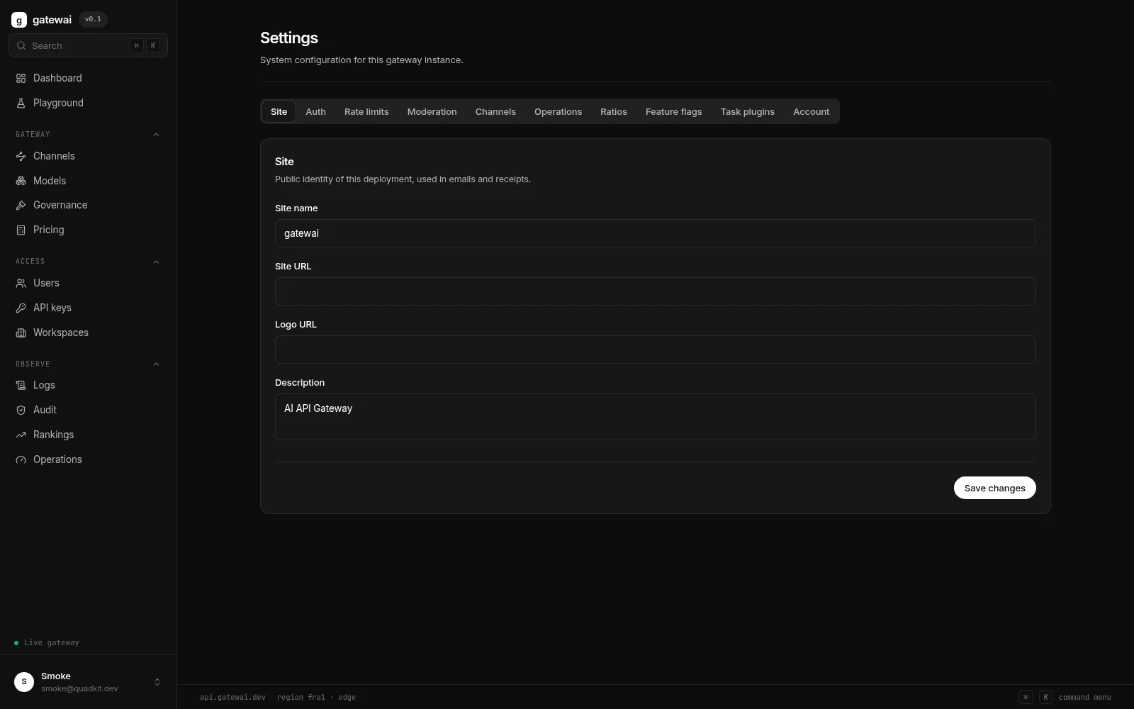 Gatewai console — Settings