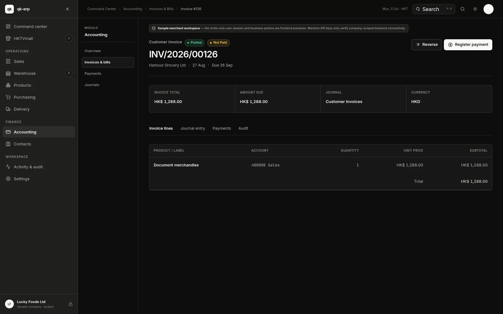 QK ERP console — INV/2026/00126