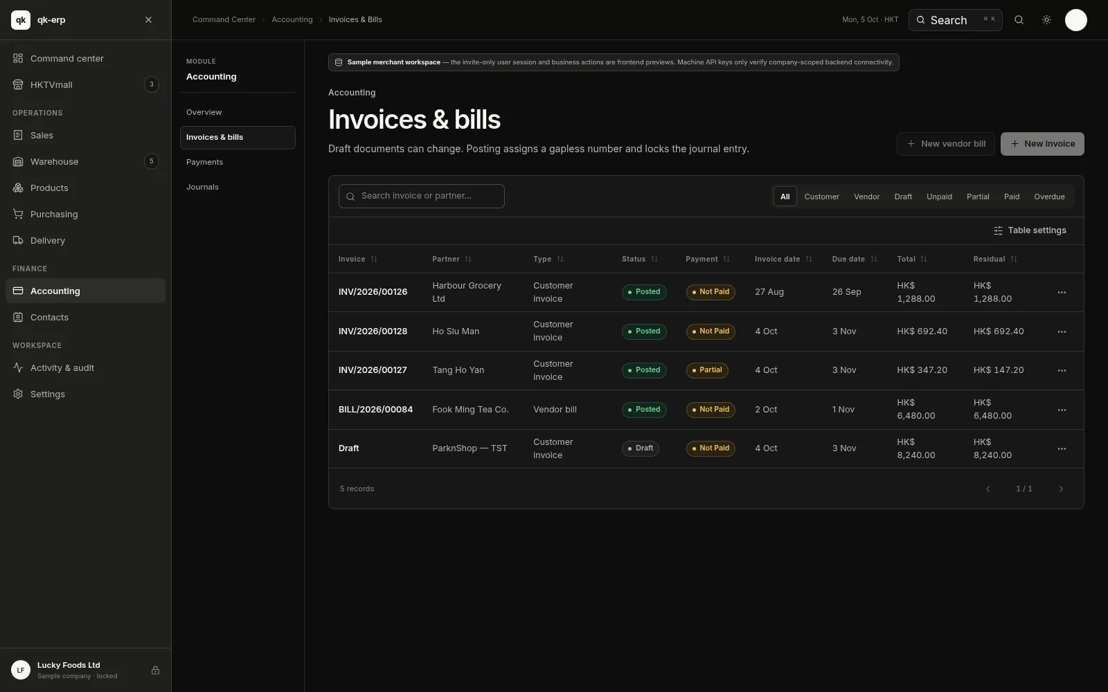 QK ERP console — Invoices & bills