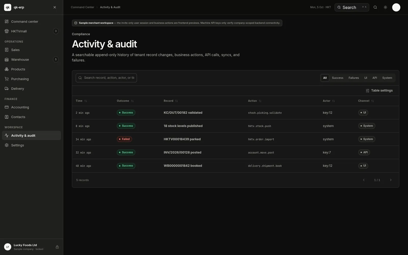QK ERP console — Activity & audit