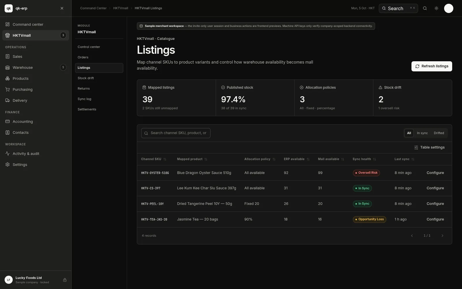 QK ERP console — Listings