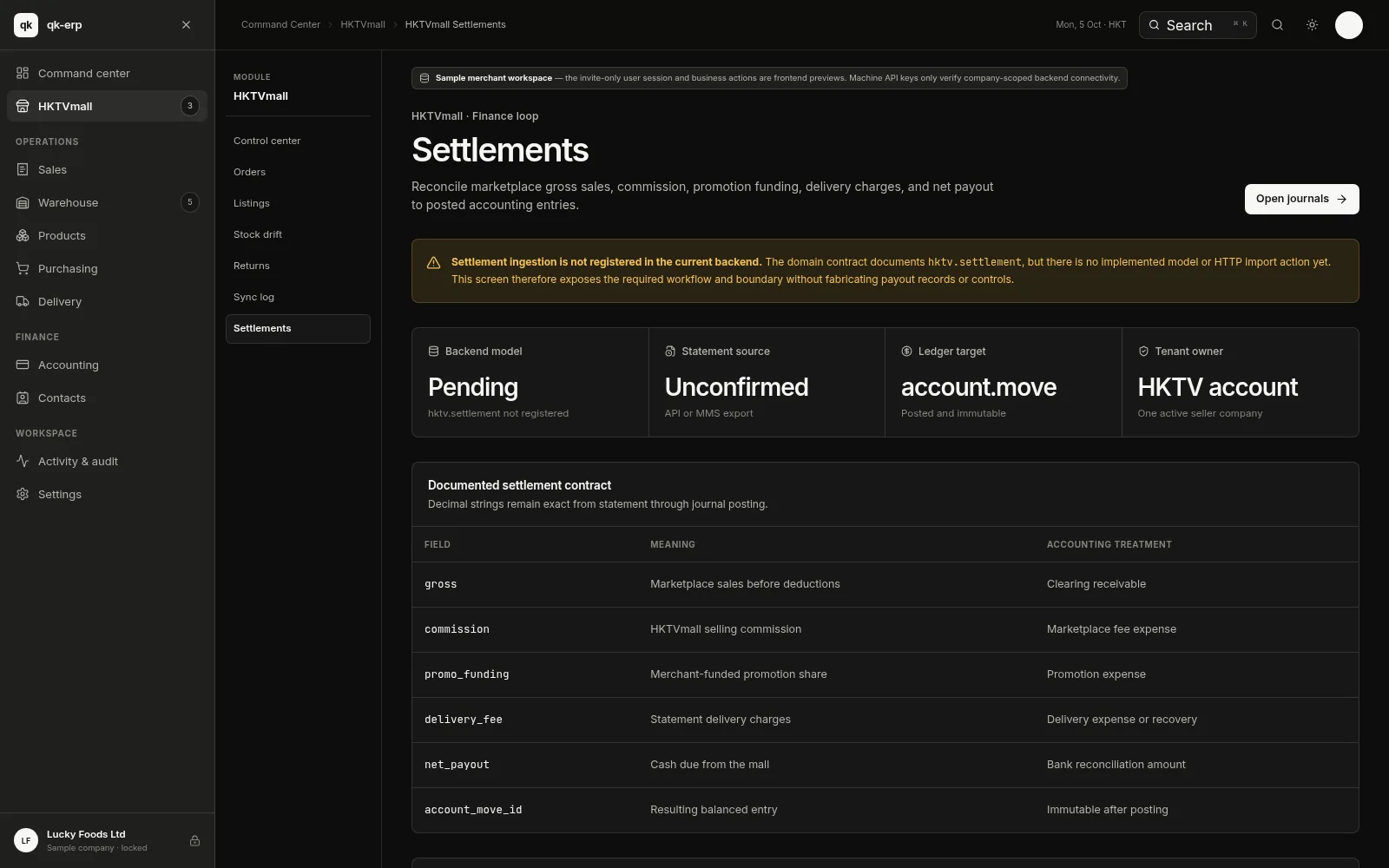 QK ERP console — Settlements