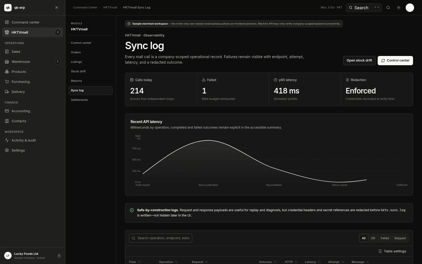 QK ERP console — Sync log