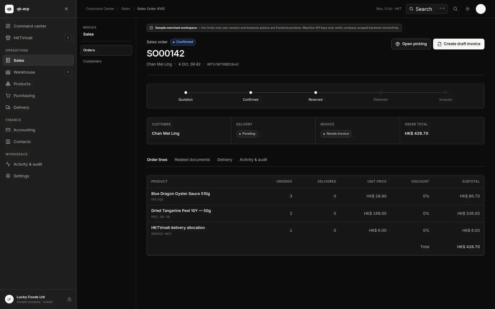 QK ERP console — SO00142