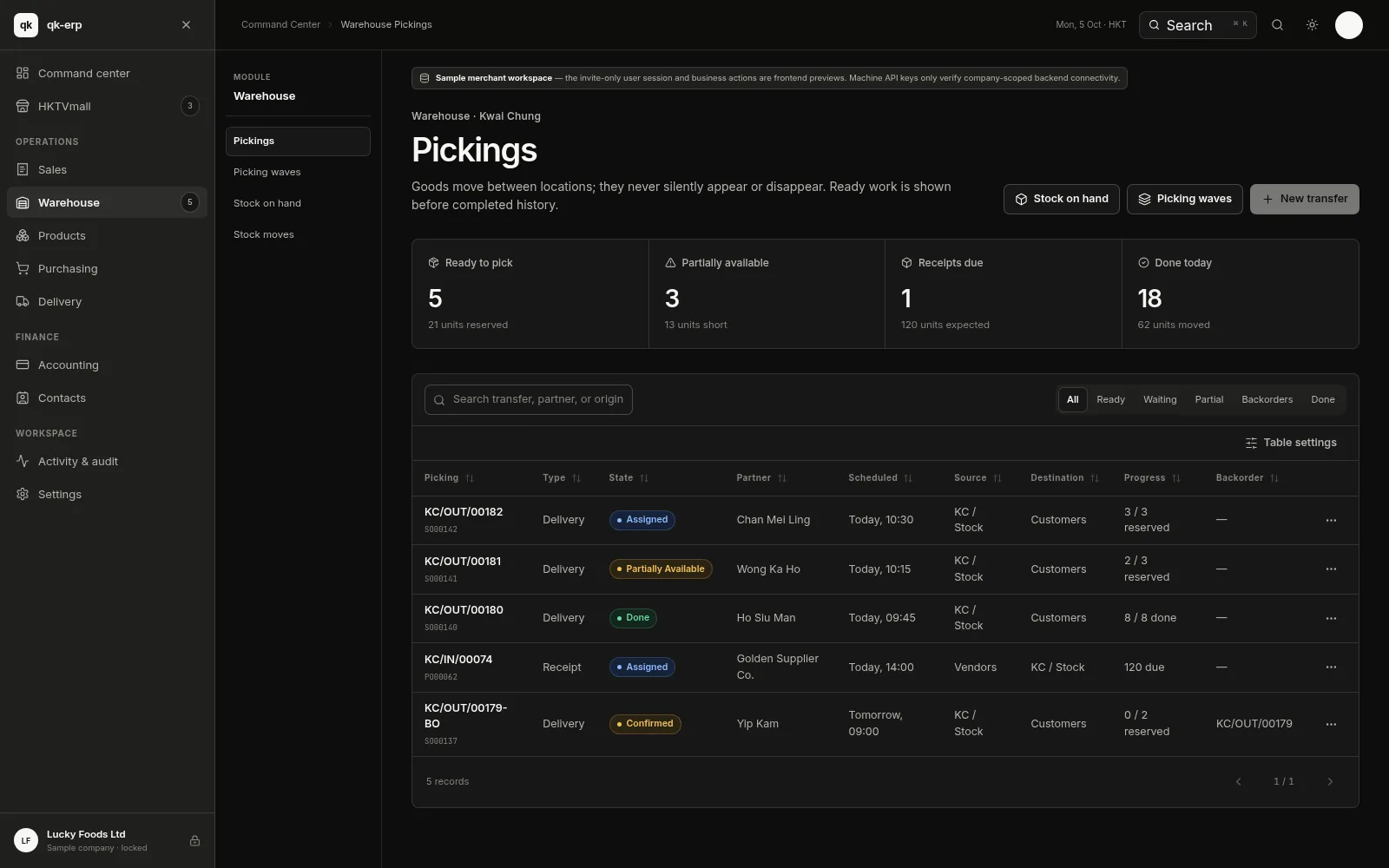 QK ERP console — Pickings